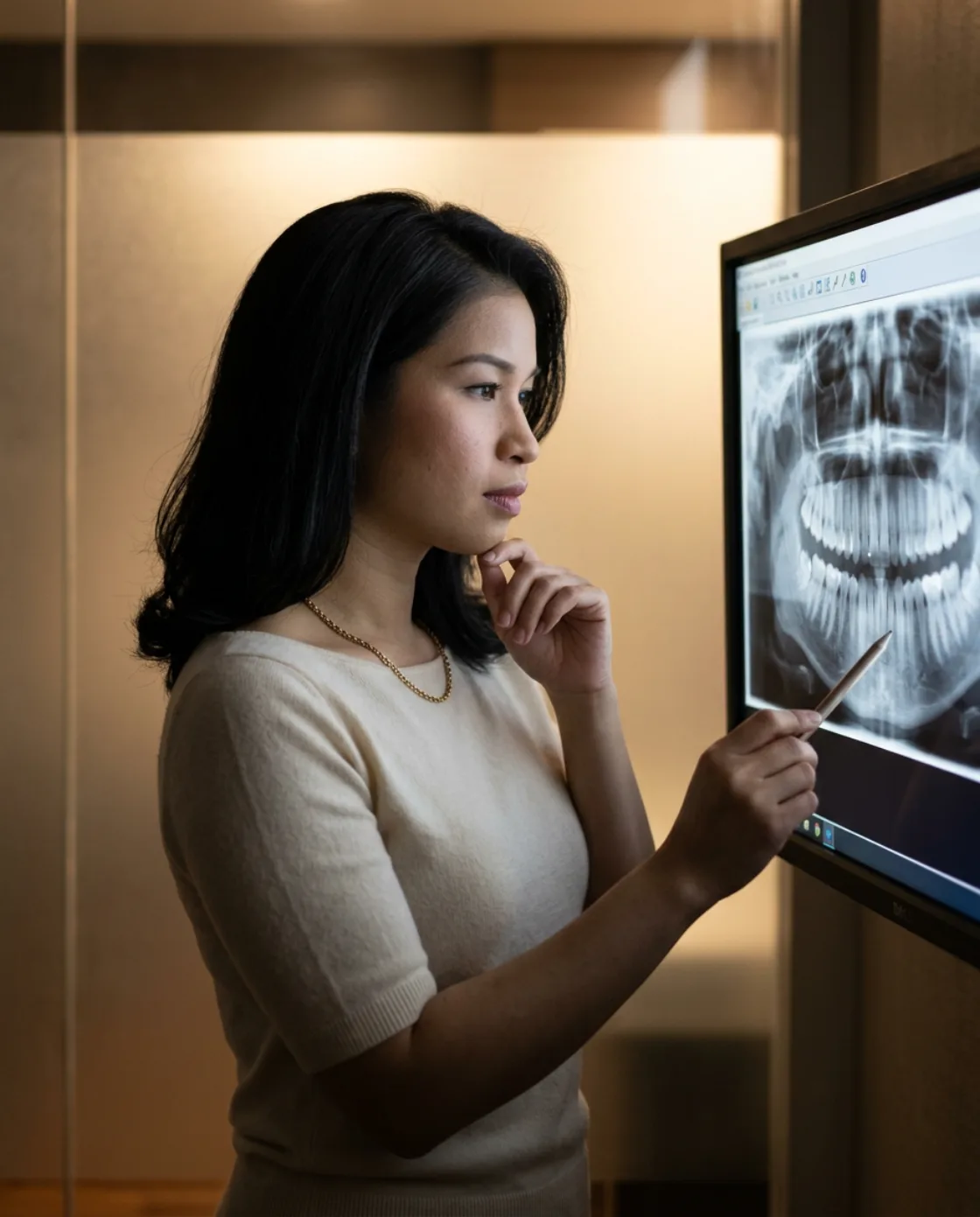 DRAFT placeholder of Dr Chang Fu Shi reviewing a dental X-ray on a chairside monitor (AI-generated, pending real photography)